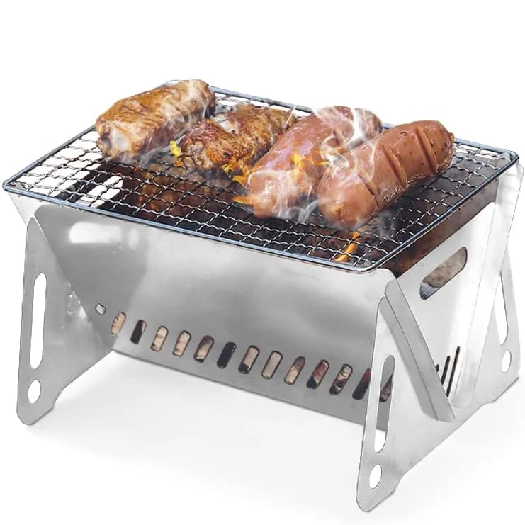 🔥Clearance Price AED 5.99🔥Portable Camping BBQ Grill 3 Hight Adjustable Stainless Steel Folding Charcoal Backpacking Stove with Grill Gloves Carry Bag